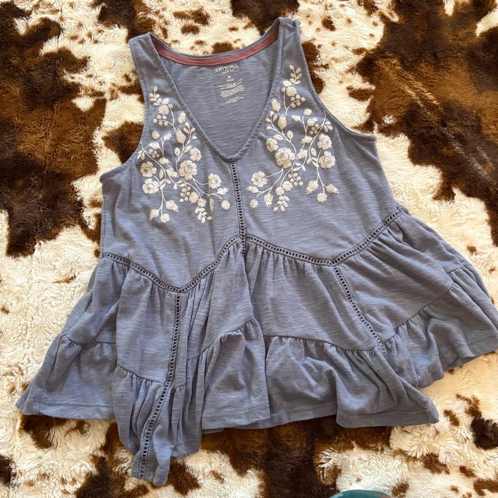 Arizona Dusty Blue Floral Embroidered Tank Top